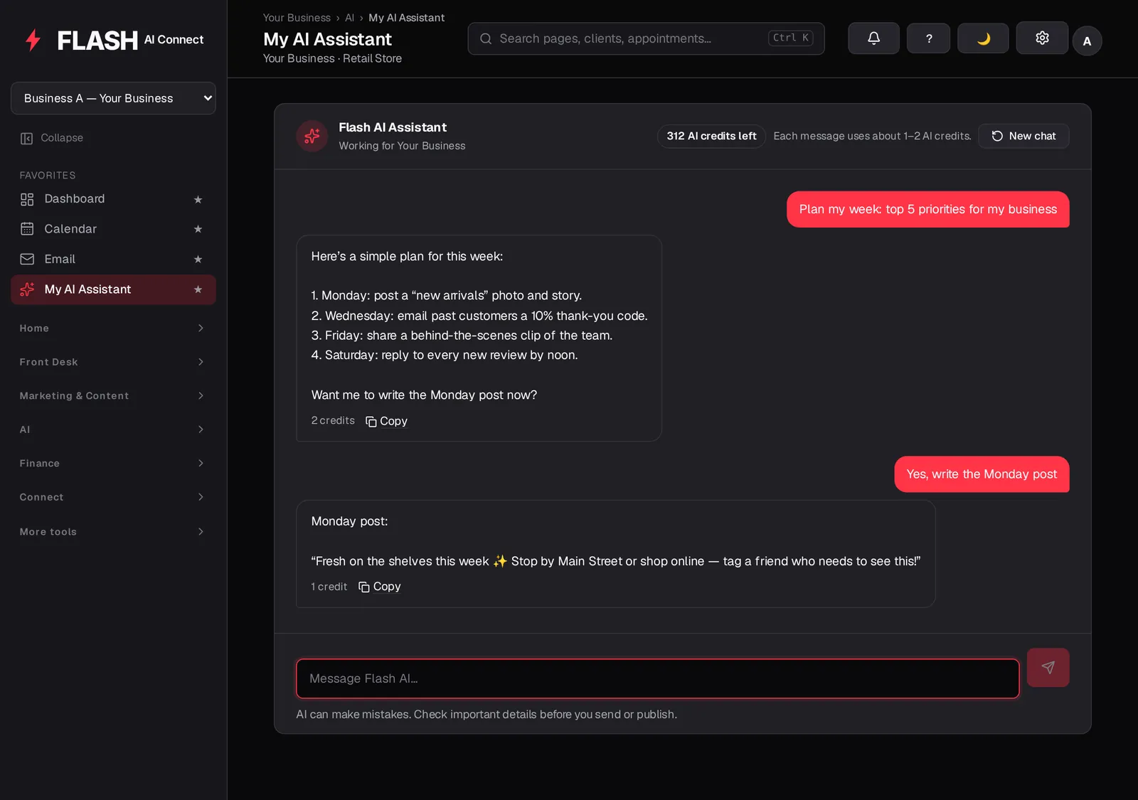 Flash AI Assistant chat: a weekly plan and a drafted social post, with credits used shown under each reply