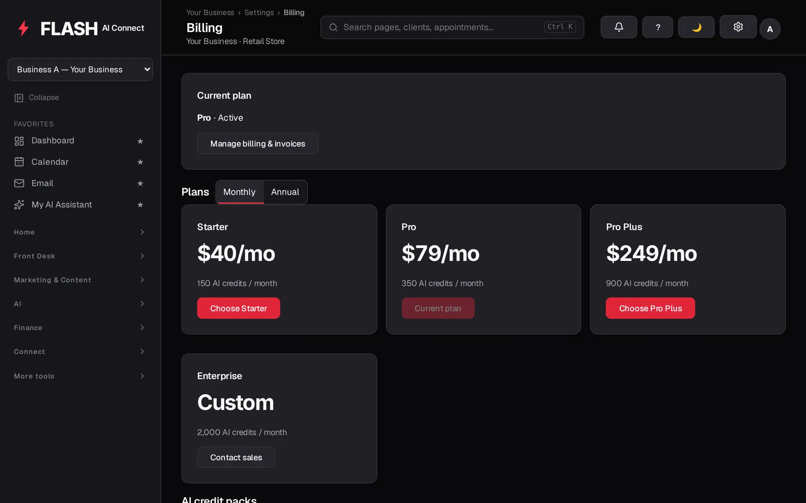 Billing page showing the current plan and the Starter, Pro, Pro Plus and Enterprise plans