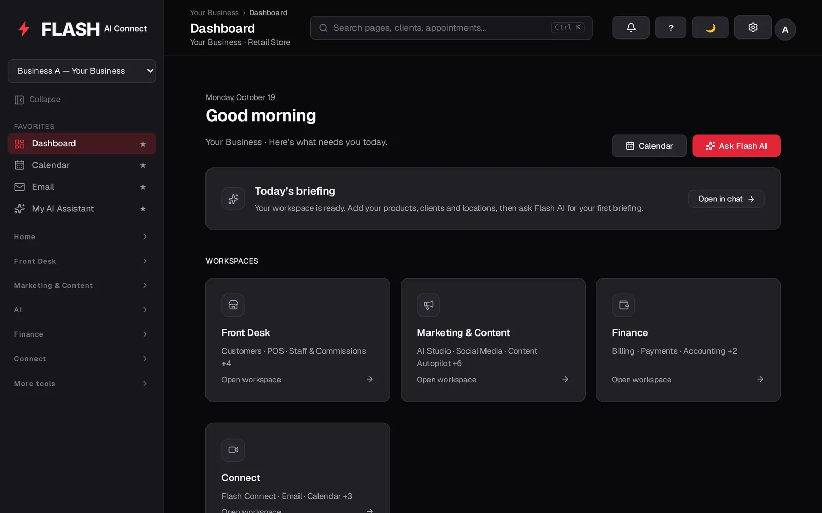 Flash AI Connect dashboard with a daily briefing and workspace cards