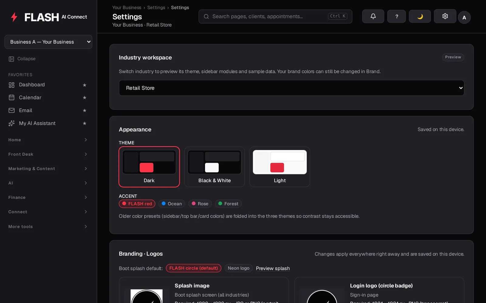 Settings page with theme choices, accent colors and logo settings